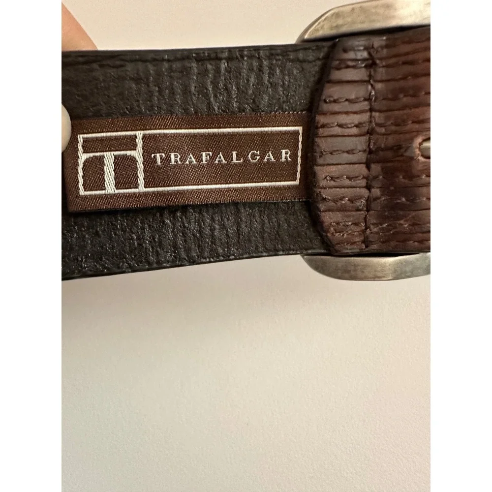 Trafalgar Mens Brown Oil Tanned Vegetable Leather Ribbed Stitched Belt Size 36